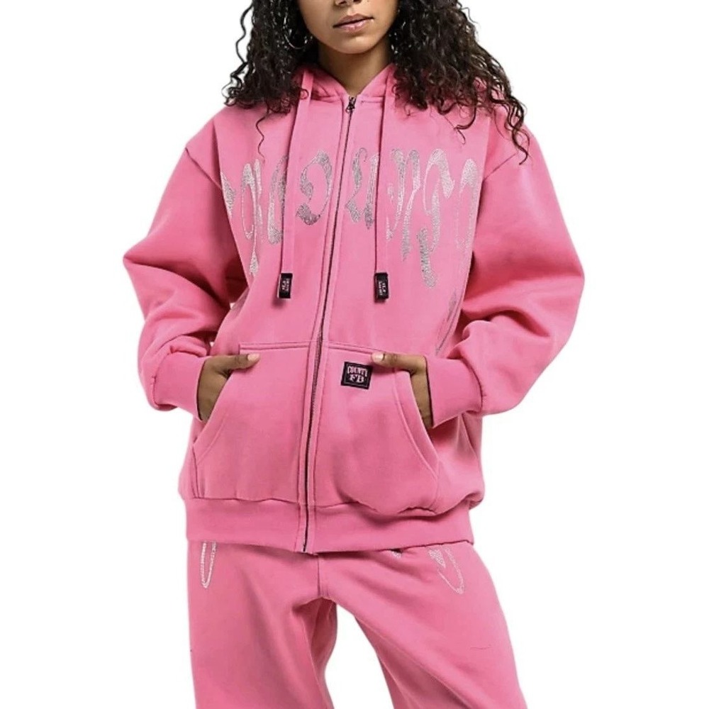 FB County Full Zip Hoodie Women L Pink Rhinestone Y2K Streetwear McBling Chic